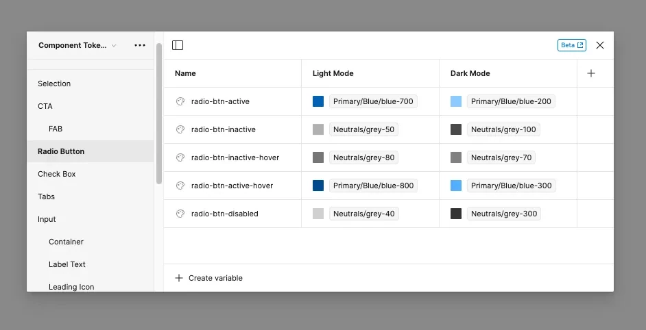 Radio button component tokens in Figma