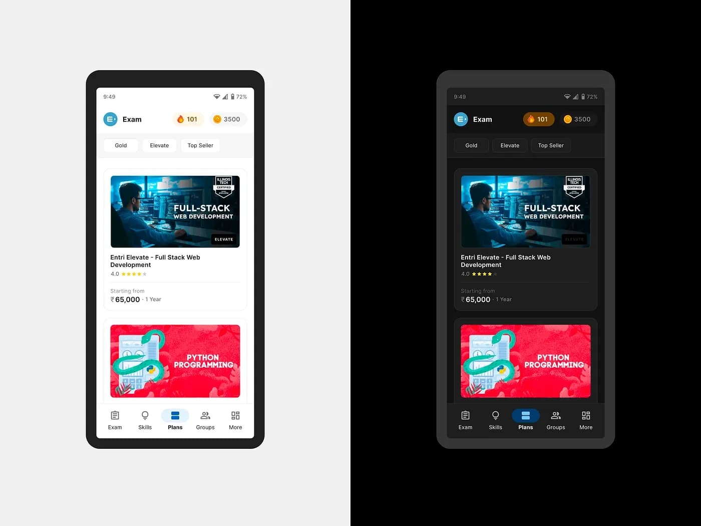 Entri screens in light and dark mode