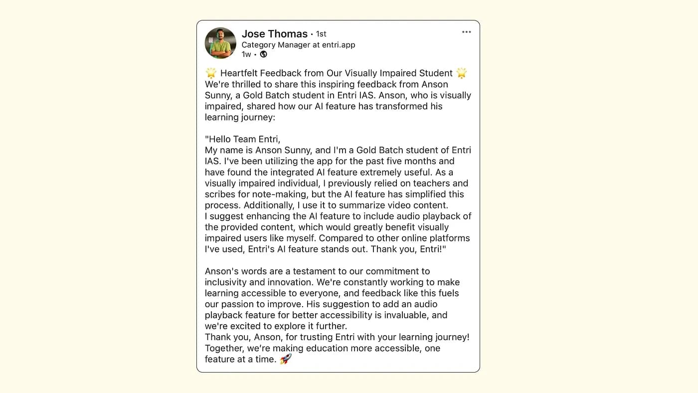 Feedback shared by learner Anson Sunny