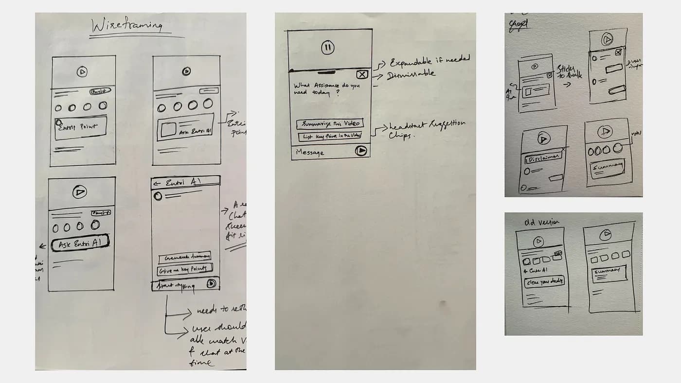Early wireframes for the AI video assistant